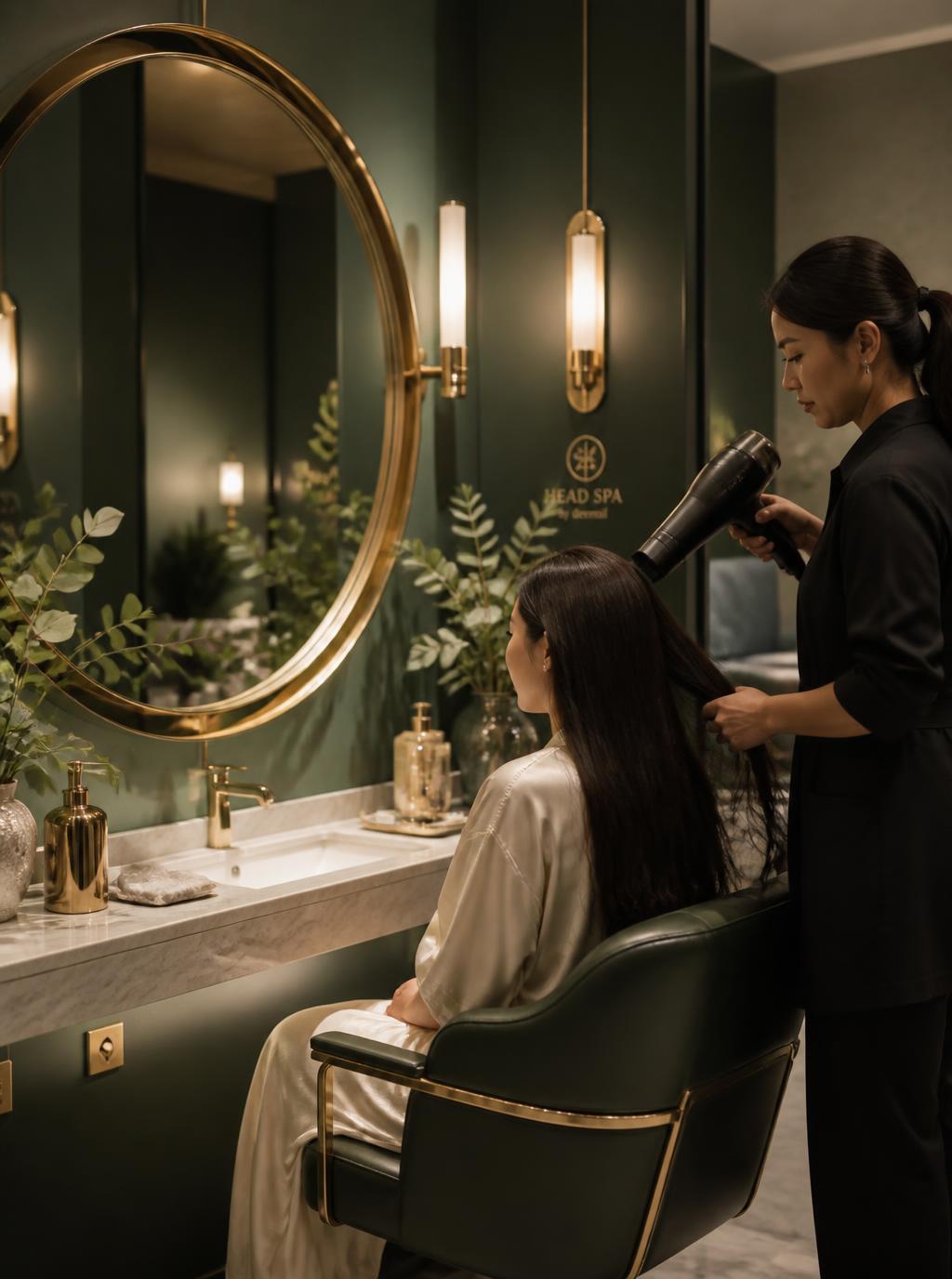 Woman getting her hair blow-dried at a Lua Head Spa station
